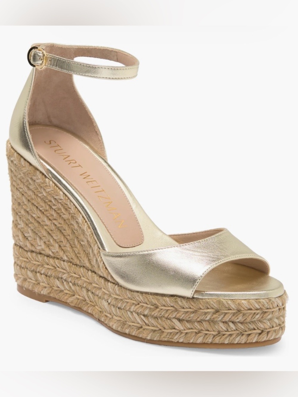 Stuart Weitzman Metallic Gold Espadrille Ankle-Strap Wedges Sz 9